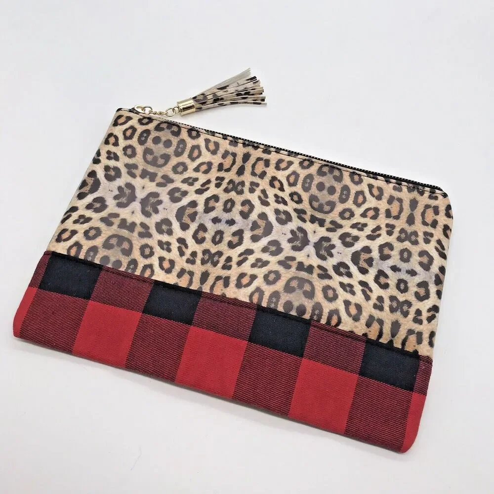 The Haven Leopard & Red Buffalo Check Makeup or Cosmetic Tassel Zip Clutch 11x8